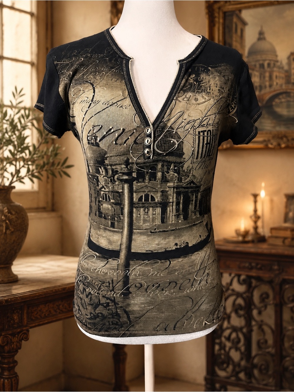 Blue Canyon Y2K Venice Italy Rhinestone Graphic Top